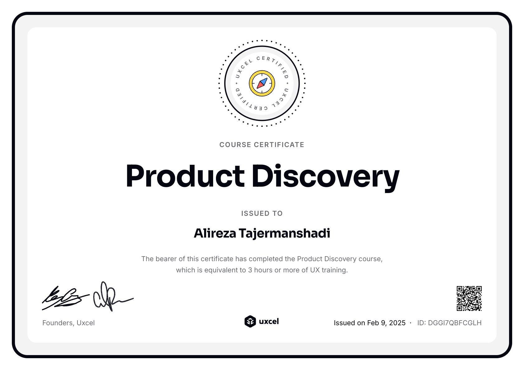 Alireza Tajermanshadi's certificate